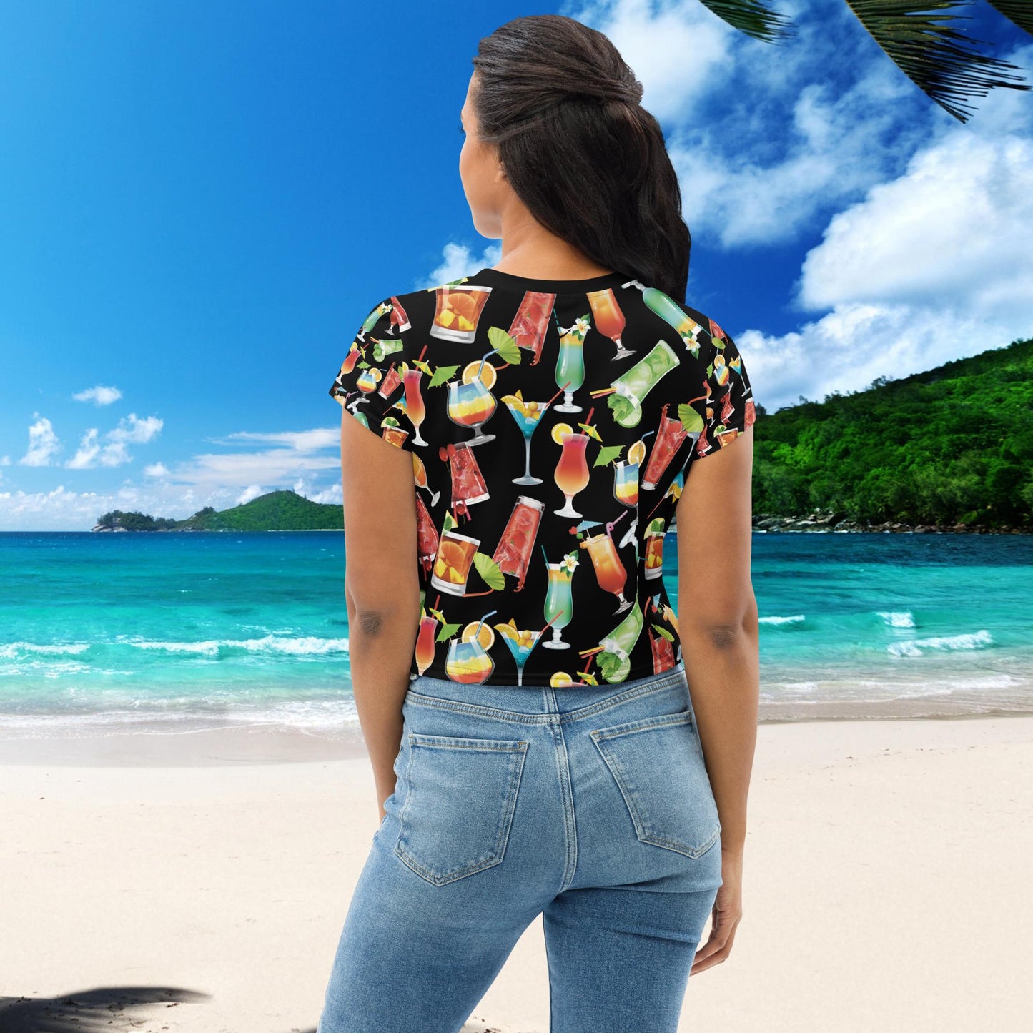 Trendy Black & Colourful Tropical Cocktail Crop Top - Embrace Your Playful Style!