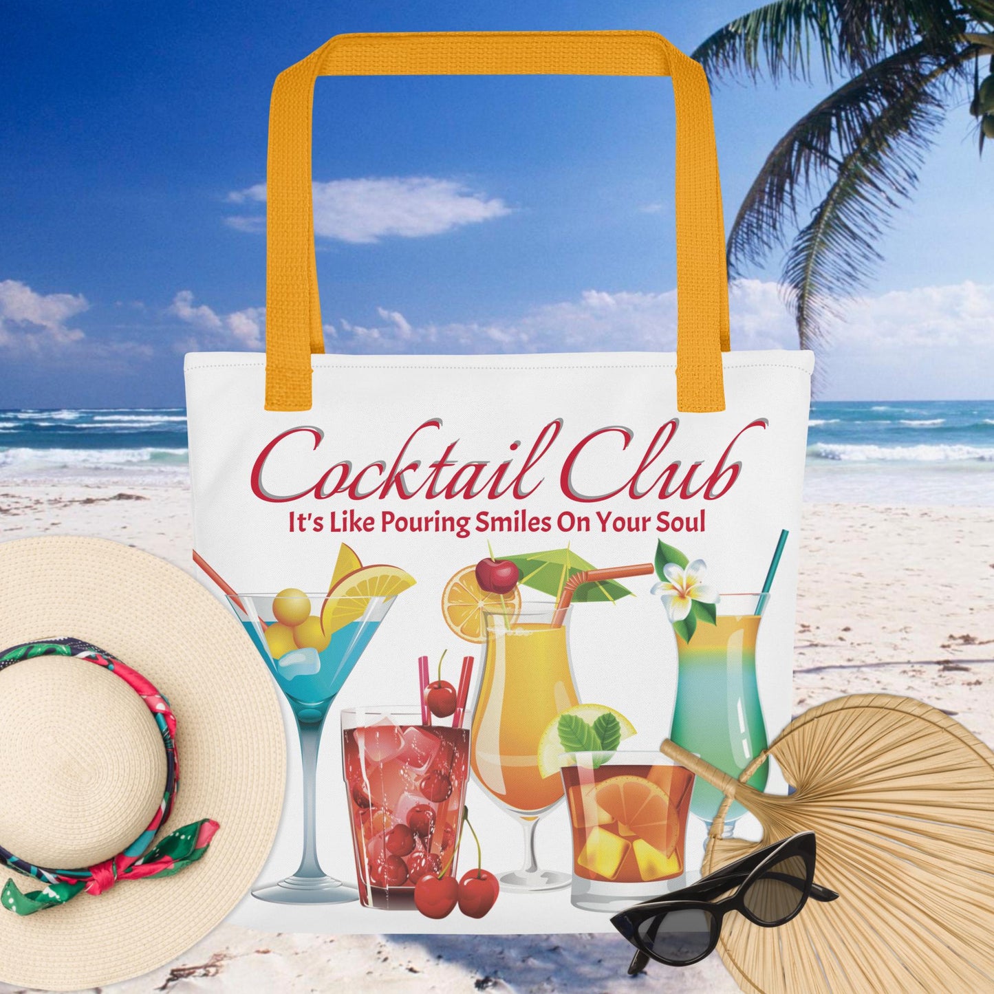 White Cocktail Club Tote Bag with Red Text