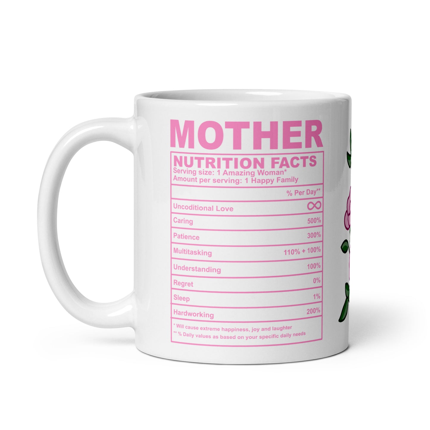 🌸💕 White Mother Nutrition Facts Mug – Filled with Love, Laughter, and 100% Sass