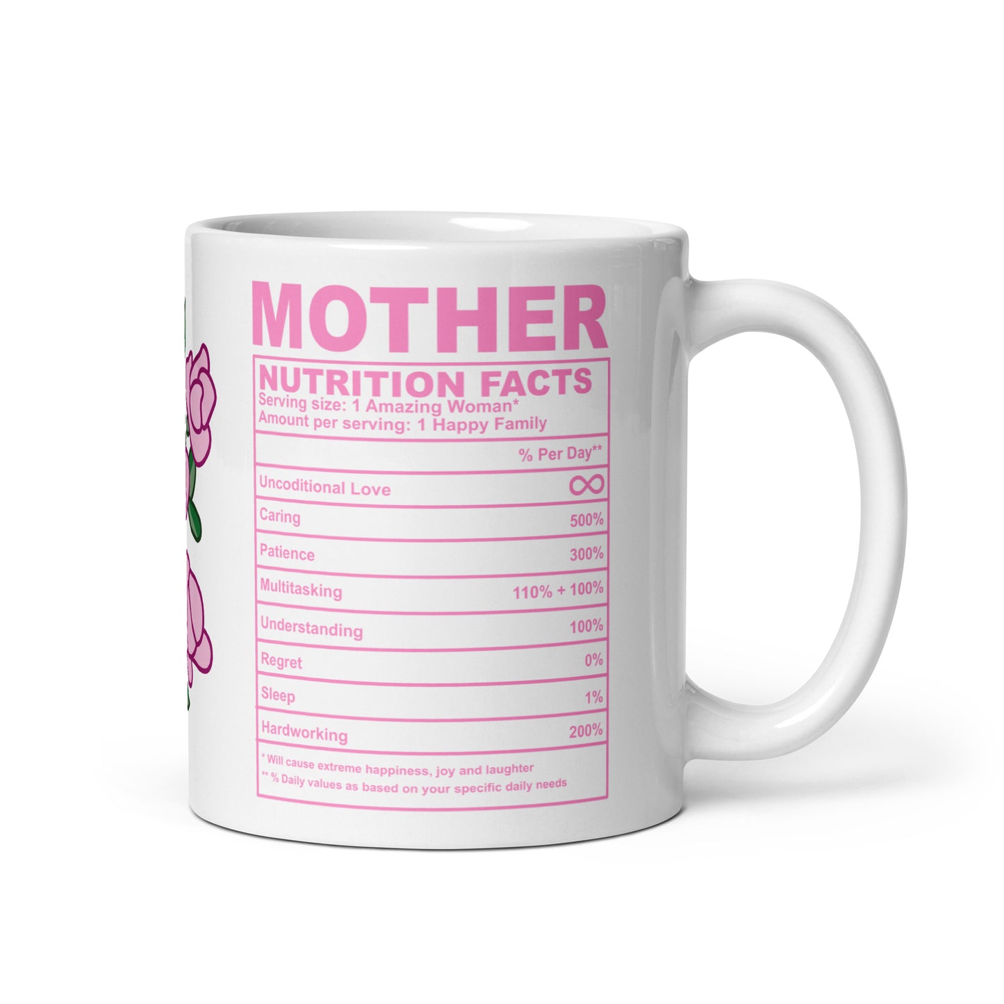 🌸💕 White Mother Nutrition Facts Mug – Filled with Love, Laughter, and 100% Sass