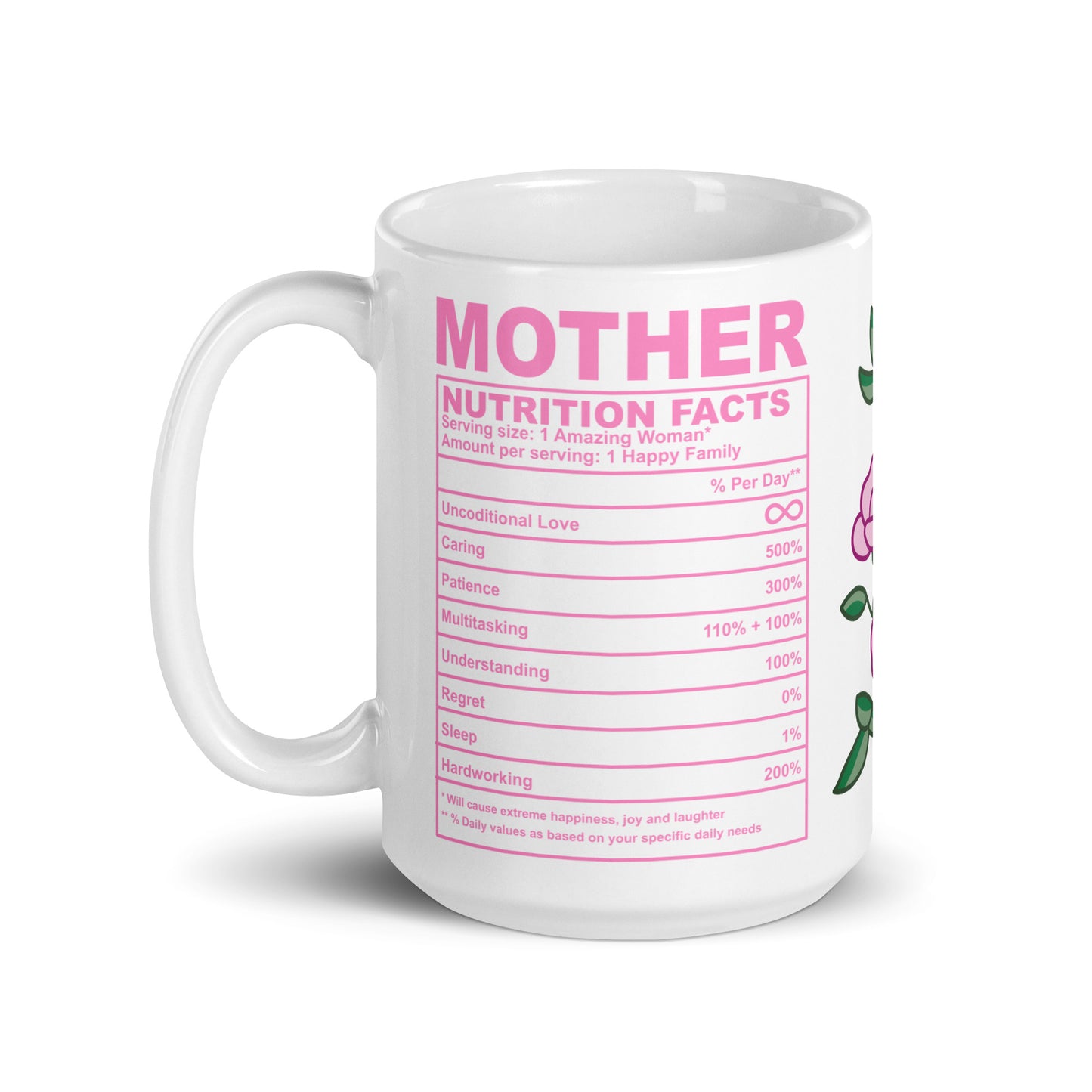 🌸💕 White Mother Nutrition Facts Mug – Filled with Love, Laughter, and 100% Sass