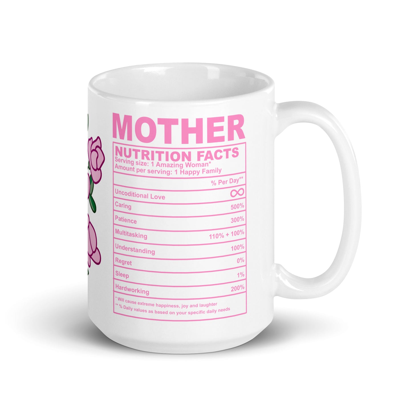 🌸💕 White Mother Nutrition Facts Mug – Filled with Love, Laughter, and 100% Sass