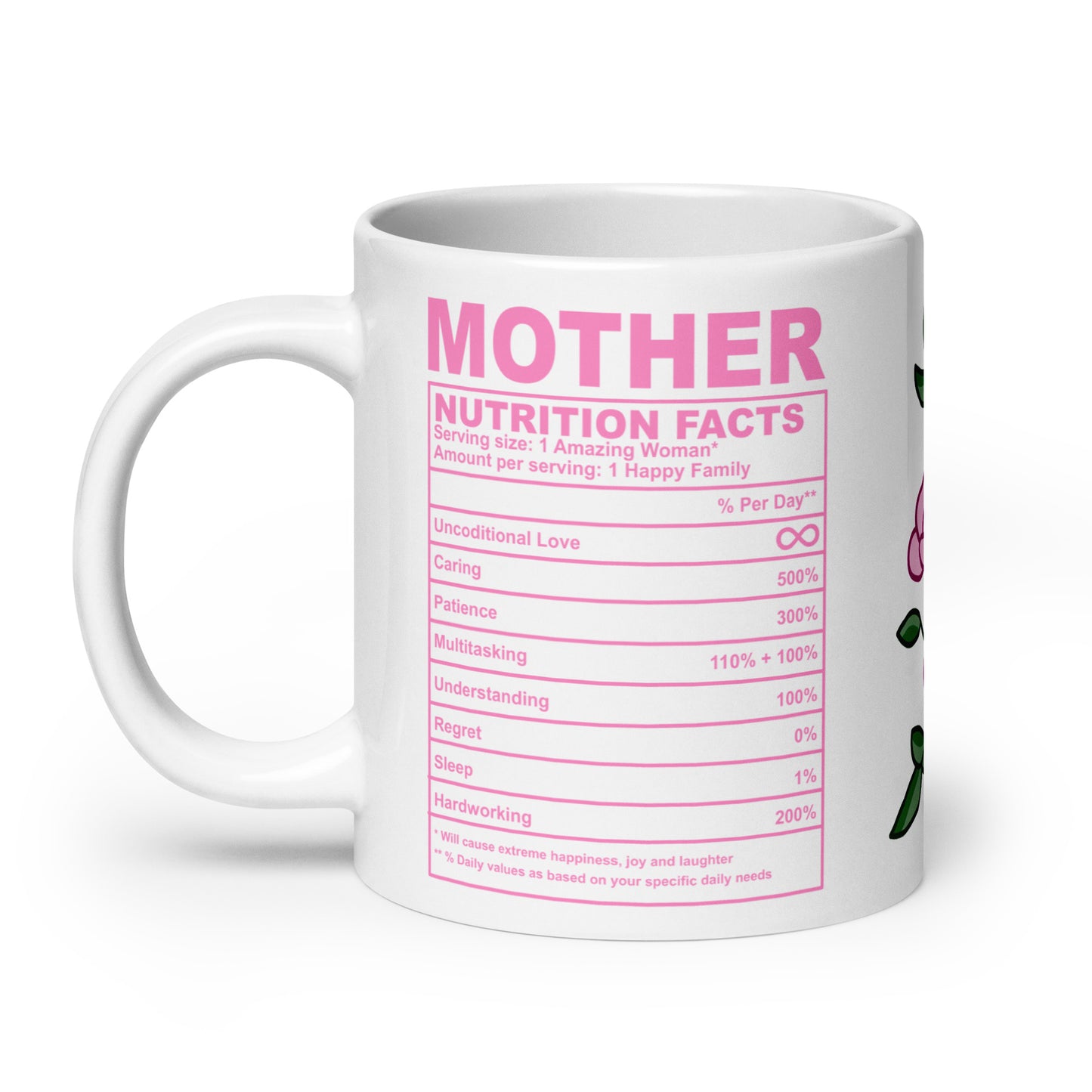 🌸💕 White Mother Nutrition Facts Mug – Filled with Love, Laughter, and 100% Sass