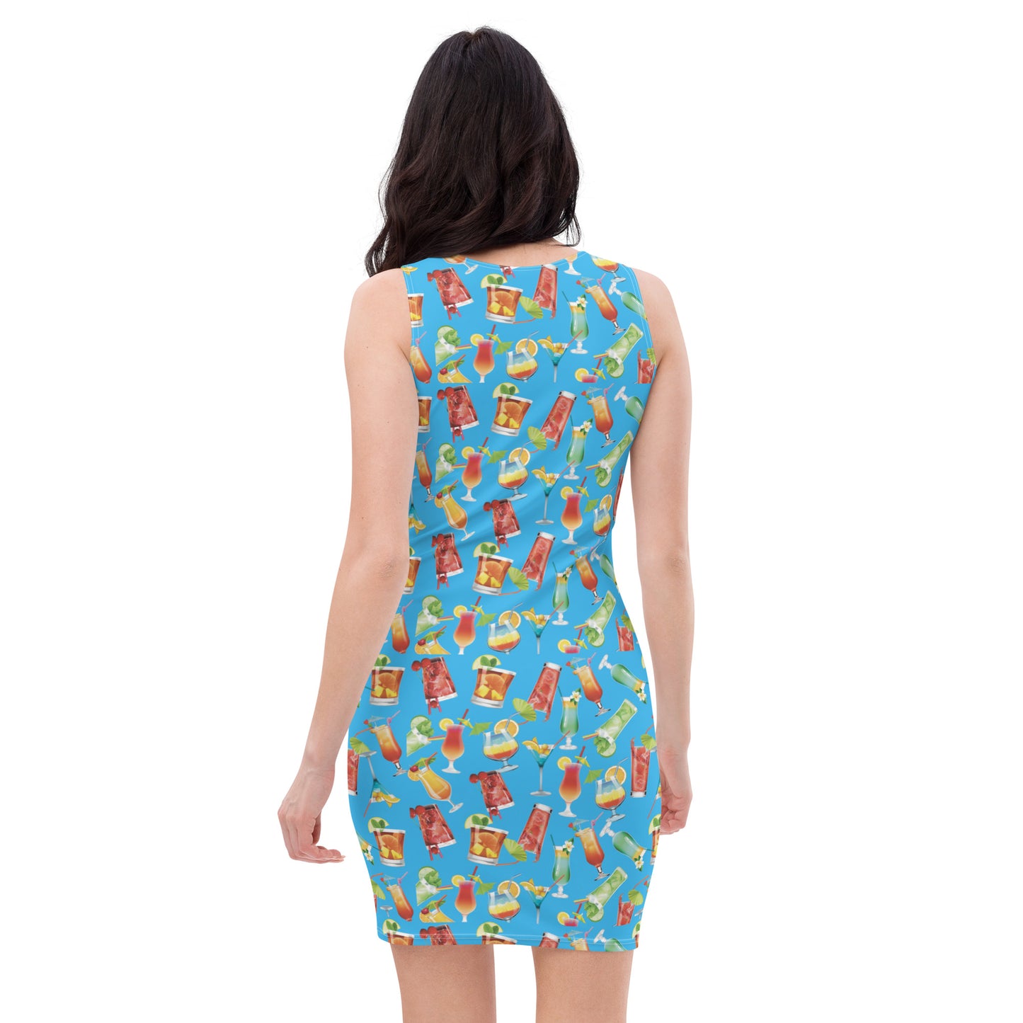 Get Vacation-Ready with our Trendy Light Blue Bodycon Dress Featuring a Fun Cocktail Print