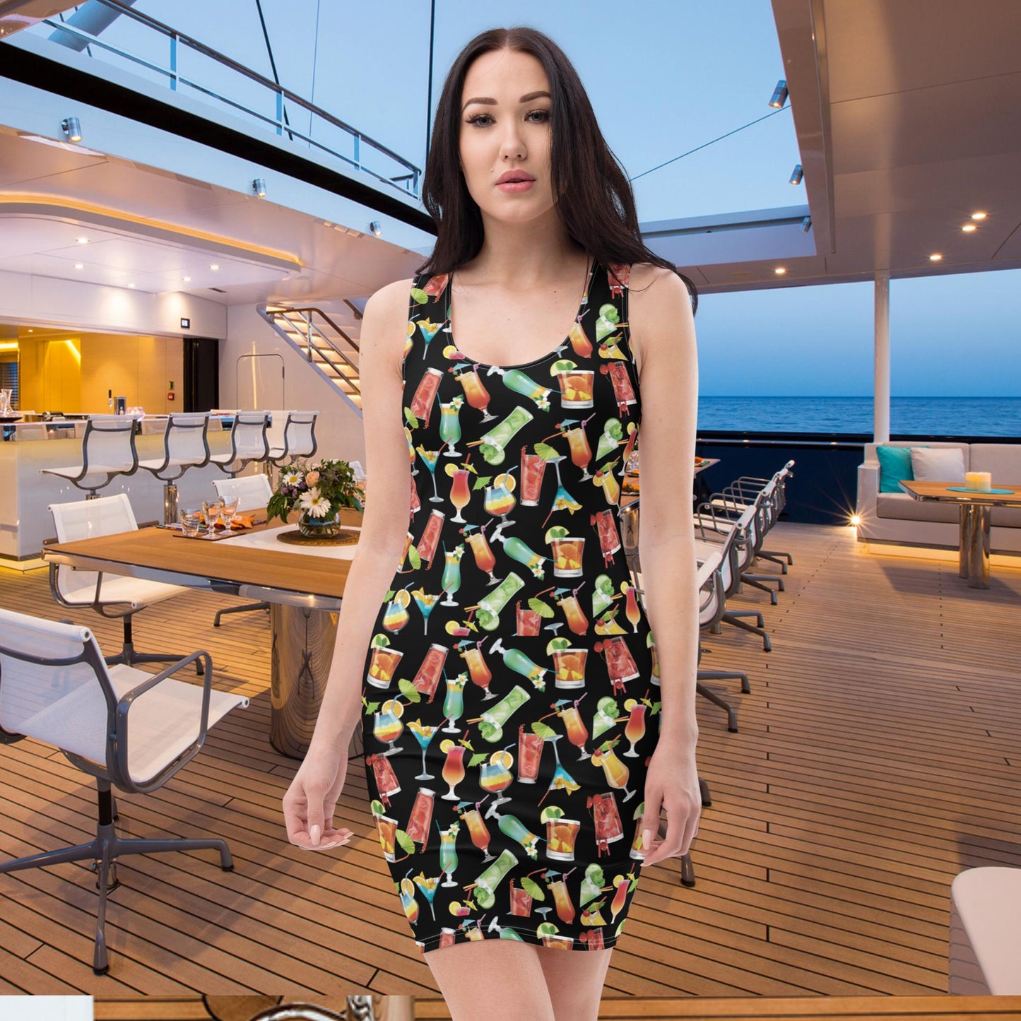 Get Vacation-Ready with our Trendy Black Bodycon Dress Featuring a Fun Cocktail Print