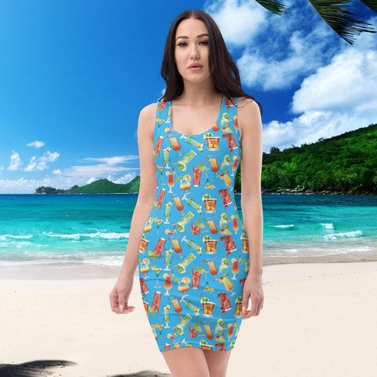 Get Vacation-Ready with our Trendy Light Blue Bodycon Dress Featuring a Fun Cocktail Print