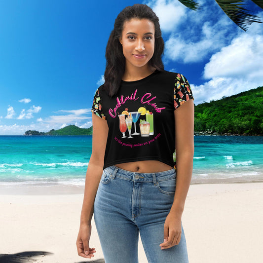 Trendy Black & Colourful Tropical Cocktail Crop Top - Embrace Your Playful Style!