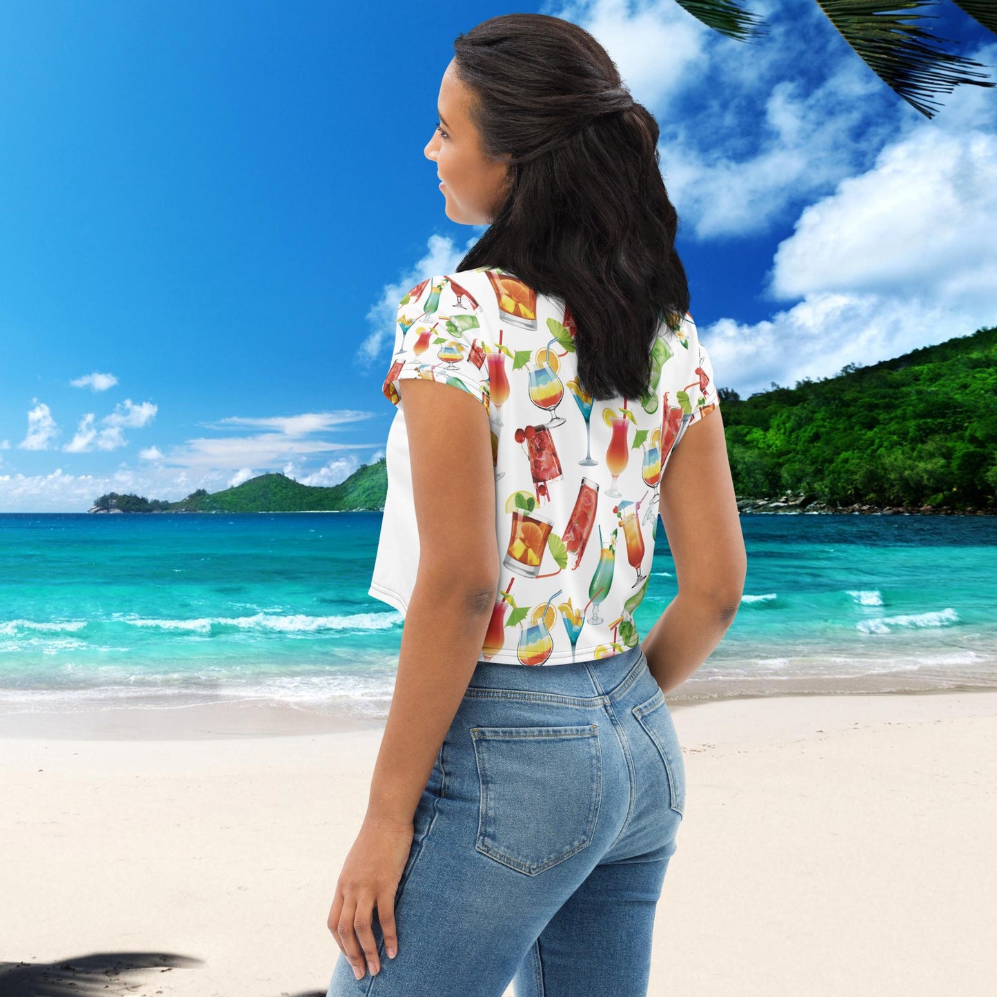 Trendy White and Colourful Tropical Cocktail Crop Top - Embrace Your Playful Style