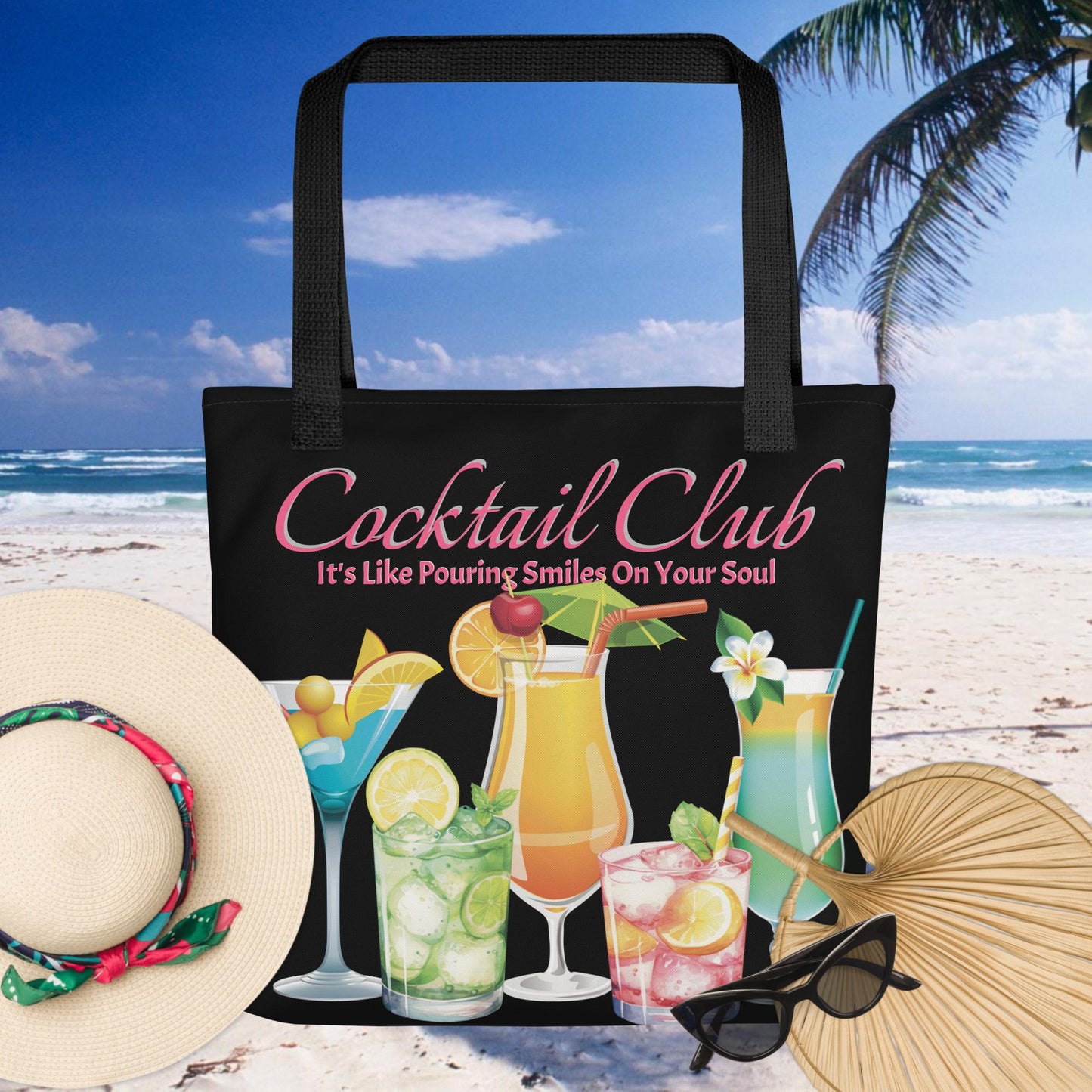 Spacious and trendy Black Cocktail Club Tote Bag with pink text