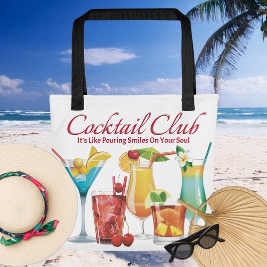 White Cocktail Club Tote Bag with Red Text