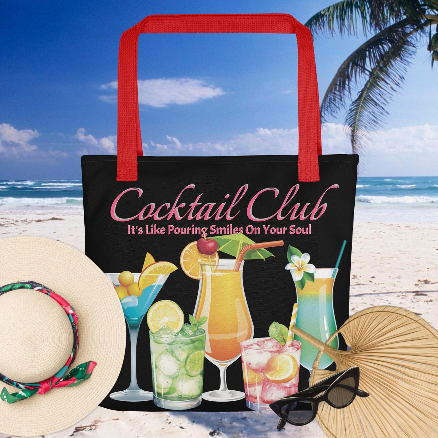 Spacious and trendy Black Cocktail Club Tote Bag with pink text