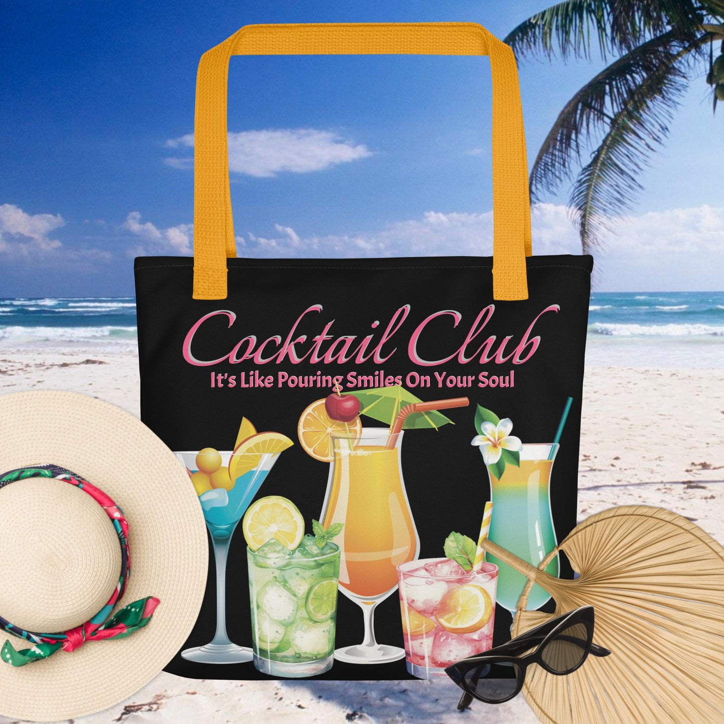 Spacious and trendy Black Cocktail Club Tote Bag with pink text